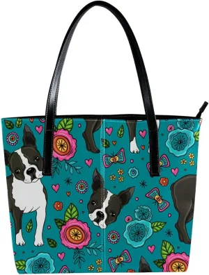 Leather Handbag for Women Large Capacity Top Handle Satchel Bucket Purses Shoulder Bag Boston Terrier and Beautiful Flowers