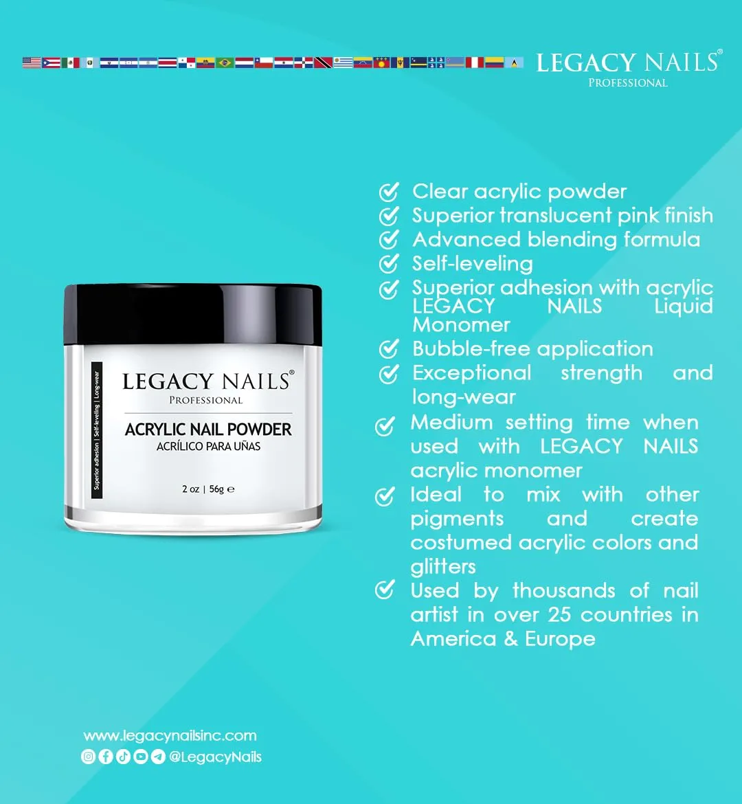 Legacy Nails Professional Crystal Clear Acrylic Powder, Net Wt. 1 lbs. / 16oz. - Mix With Glitter, Pigment and Create Custom Acrylic Nail Extension Colors