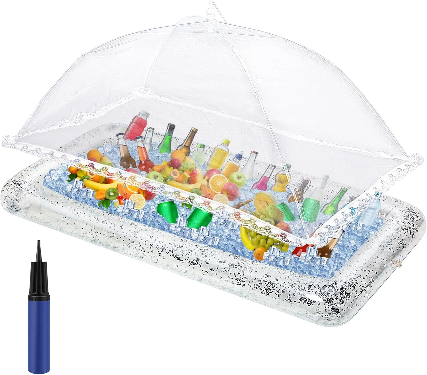 Leitee 3 Pcs Inflatable Serving Bar Kit Includes Glitter Inflatable Cooler with Cover and Inflator for Ice Supplies Graduation Wedding Summer Pool Party Camping Picnic(Clear)