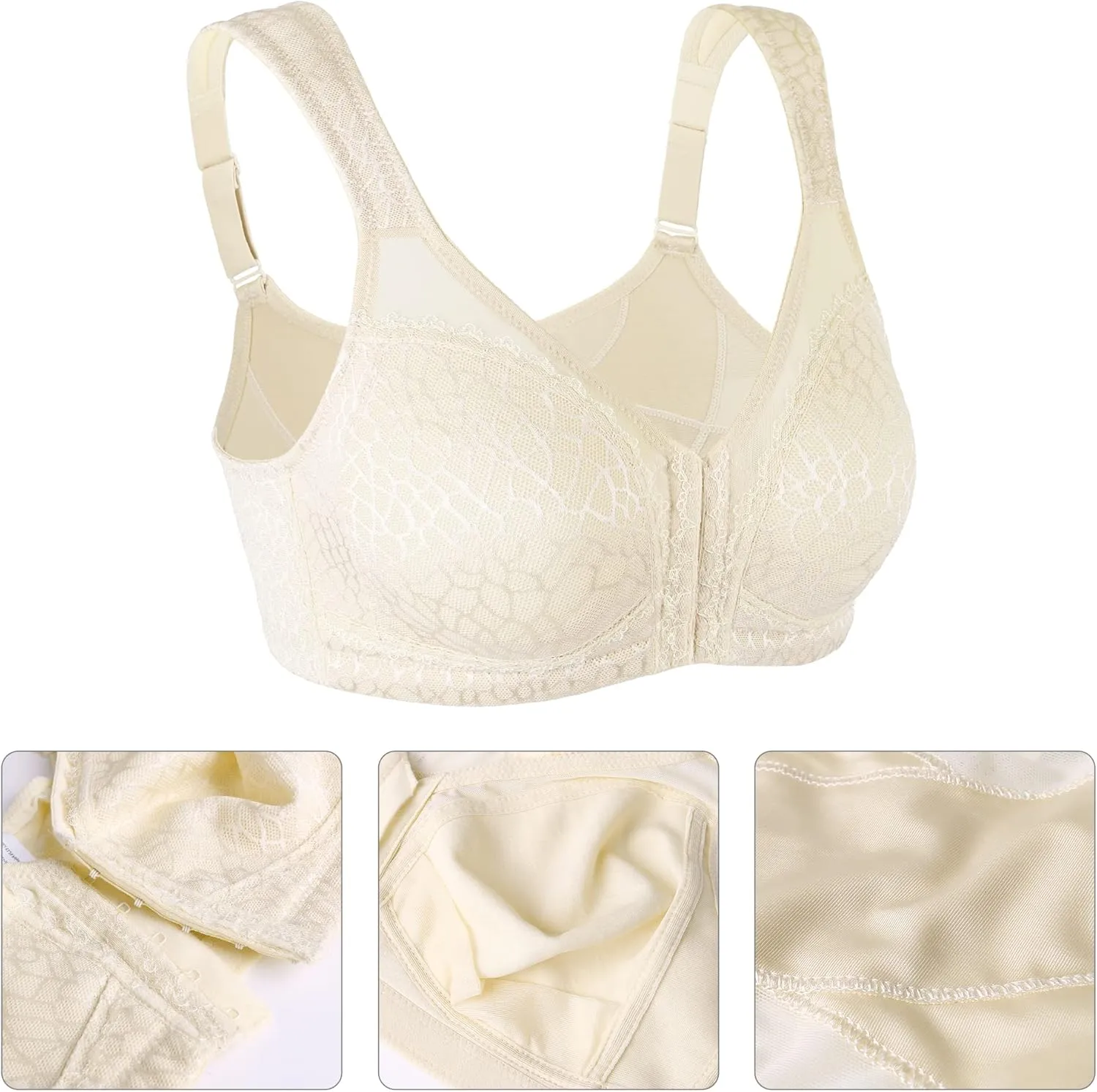 Lemorosy Women's Plus Size Full Coverage Front Closure Posture Back Unpadded Wireless Double Support Minimizer Bra