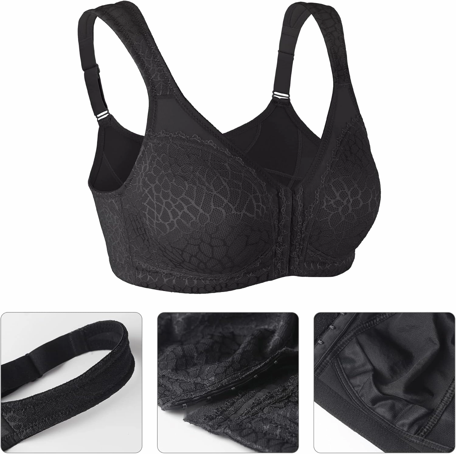 Lemorosy Women's Plus Size Full Coverage Front Closure Posture Back Unpadded Wireless Double Support Minimizer Bra