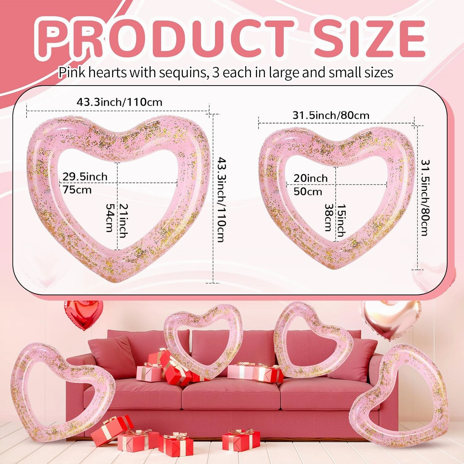 Lenwen 6 Pcs Heart Pool Float, 43"/31" Inflatable Glitter Heart Floatie Tubes Heart Bachelorette Party Prop Heart Summer Swimming Ring for Wedding Betrothal Party Decor