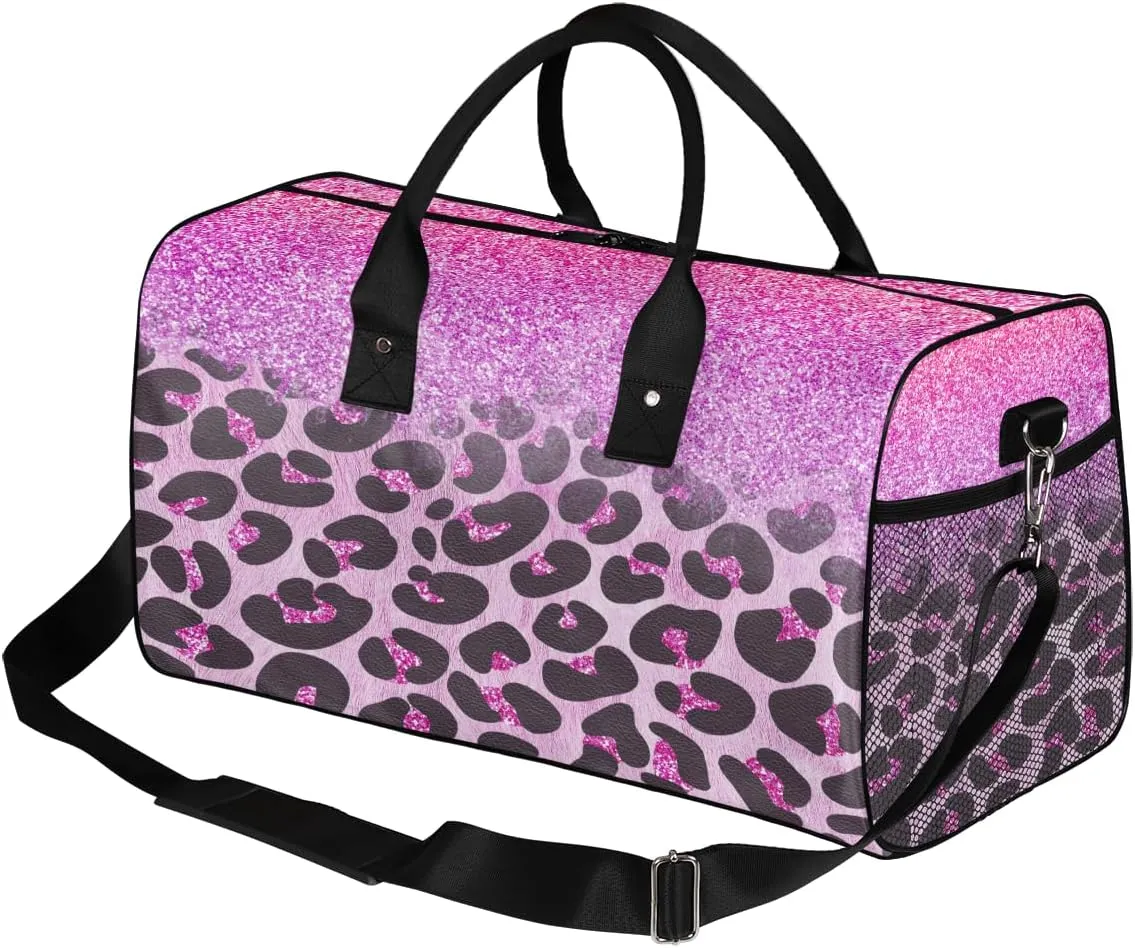 Leopard Print Travel Duffle Bag for Women Men Foldable Waterproof Weekender Bag Carry on Tote for Overnight Sports Gym Pink Glitter
