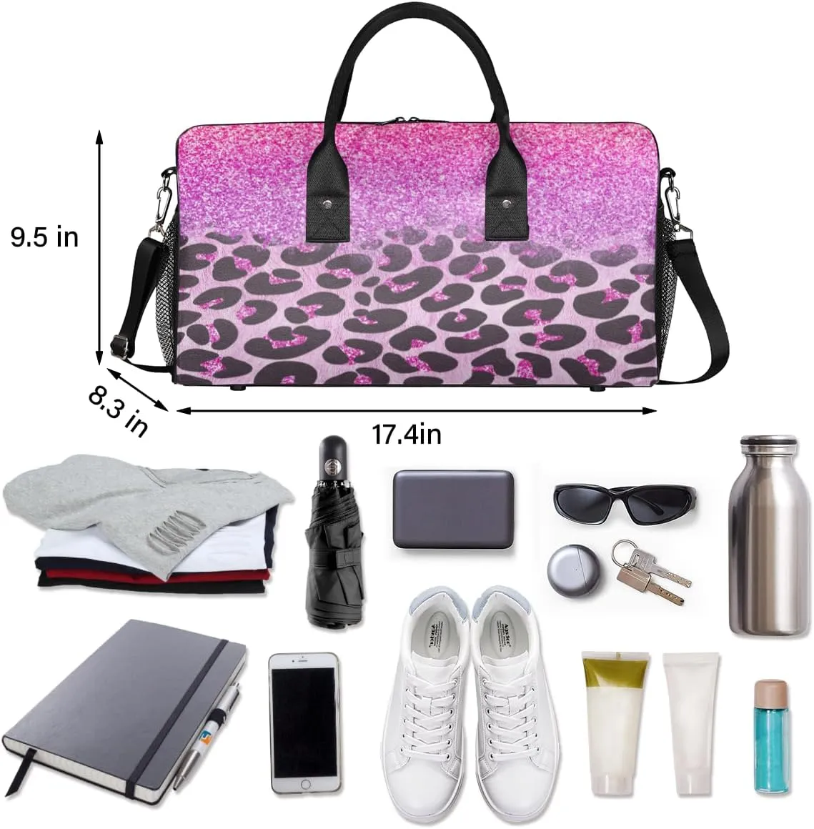 Leopard Print Travel Duffle Bag for Women Men Foldable Waterproof Weekender Bag Carry on Tote for Overnight Sports Gym Pink Glitter