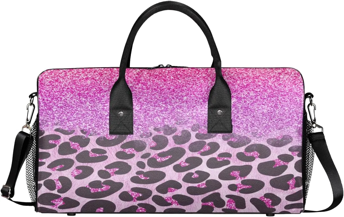 Leopard Print Travel Duffle Bag for Women Men Foldable Waterproof Weekender Bag Carry on Tote for Overnight Sports Gym Pink Glitter