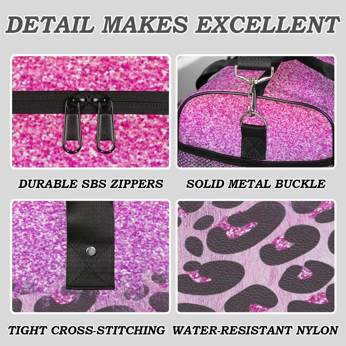 Leopard Print Travel Duffle Bag for Women Men Foldable Waterproof Weekender Bag Carry on Tote for Overnight Sports Gym Pink Glitter