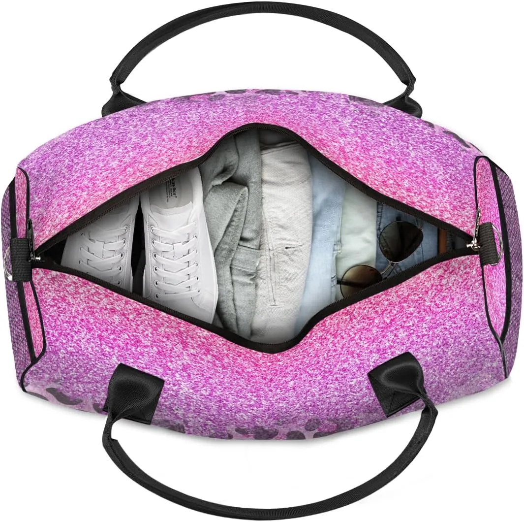 Leopard Print Travel Duffle Bag for Women Men Foldable Waterproof Weekender Bag Carry on Tote for Overnight Sports Gym Pink Glitter
