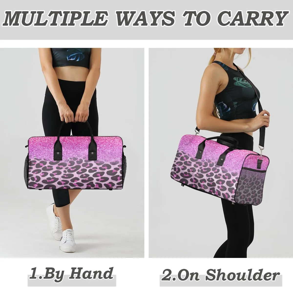 Leopard Print Travel Duffle Bag for Women Men Foldable Waterproof Weekender Bag Carry on Tote for Overnight Sports Gym Pink Glitter