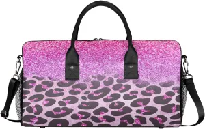 Leopard Print Travel Duffle Bag for Women Men Foldable Waterproof Weekender Bag Carry on Tote for Overnight Sports Gym Pink Glitter