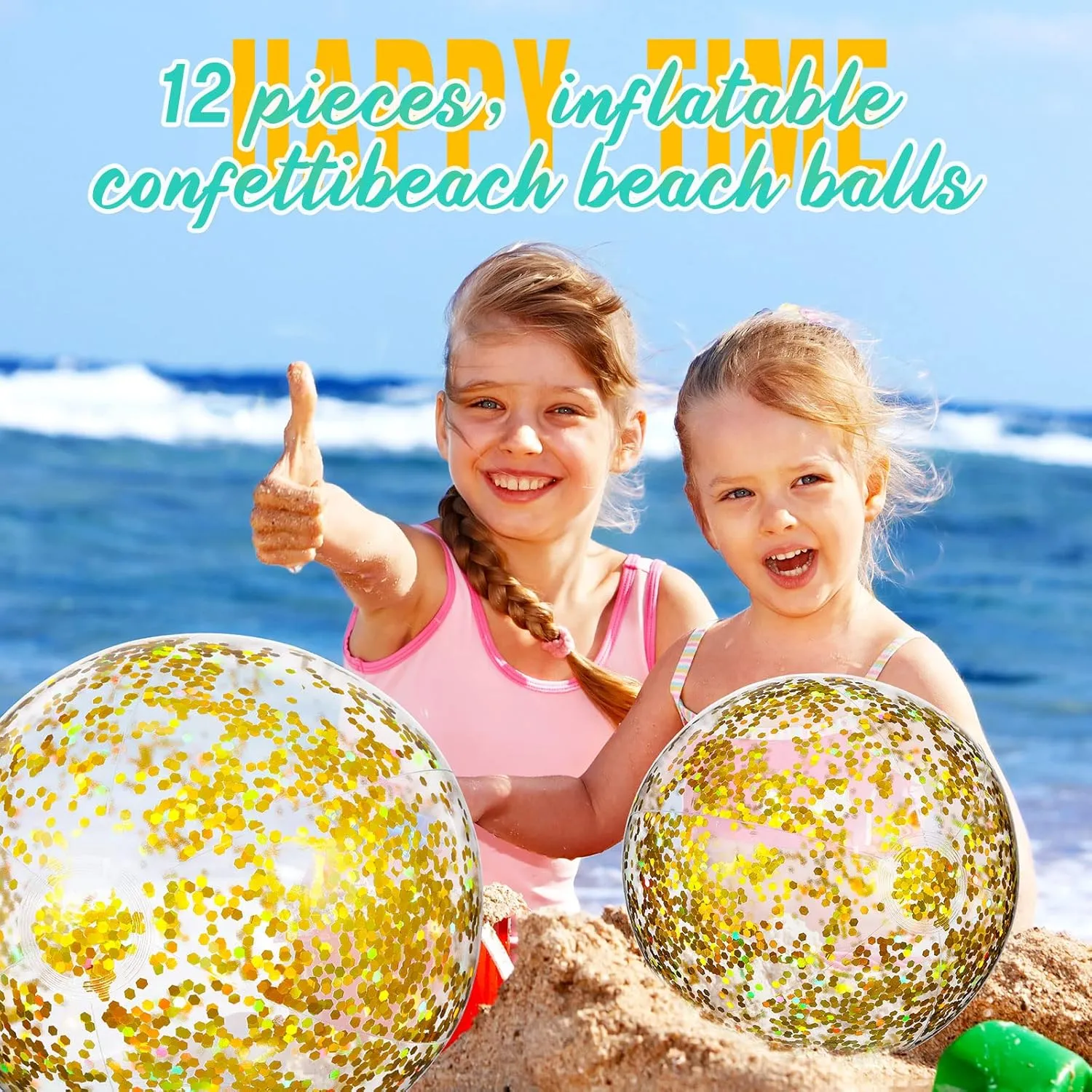 Lewtemi 12 Pcs 24 Inch 16 Inch Inflatable Glitter Beach Balls Clear Confetti Swimming Jumbo Pool Balls for Outdoor Pool Party Decorations Summer Favors(Gold)