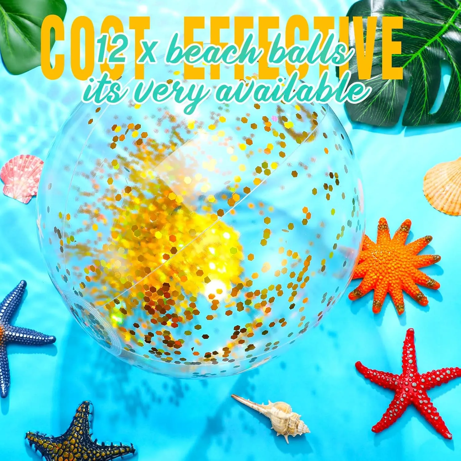 Lewtemi 12 Pcs 24 Inch 16 Inch Inflatable Glitter Beach Balls Clear Confetti Swimming Jumbo Pool Balls for Outdoor Pool Party Decorations Summer Favors(Gold)