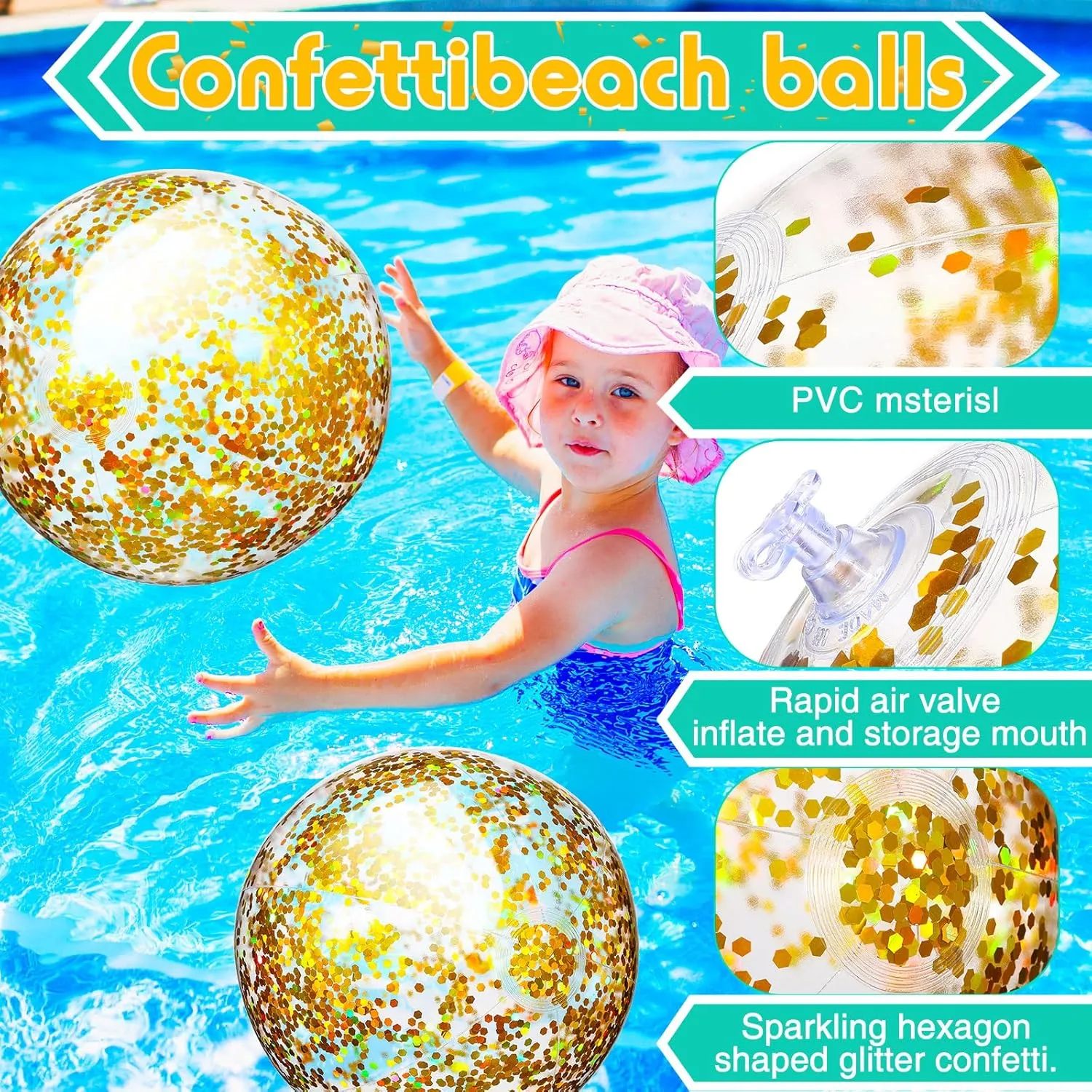 Lewtemi 12 Pcs 24 Inch 16 Inch Inflatable Glitter Beach Balls Clear Confetti Swimming Jumbo Pool Balls for Outdoor Pool Party Decorations Summer Favors(Gold)