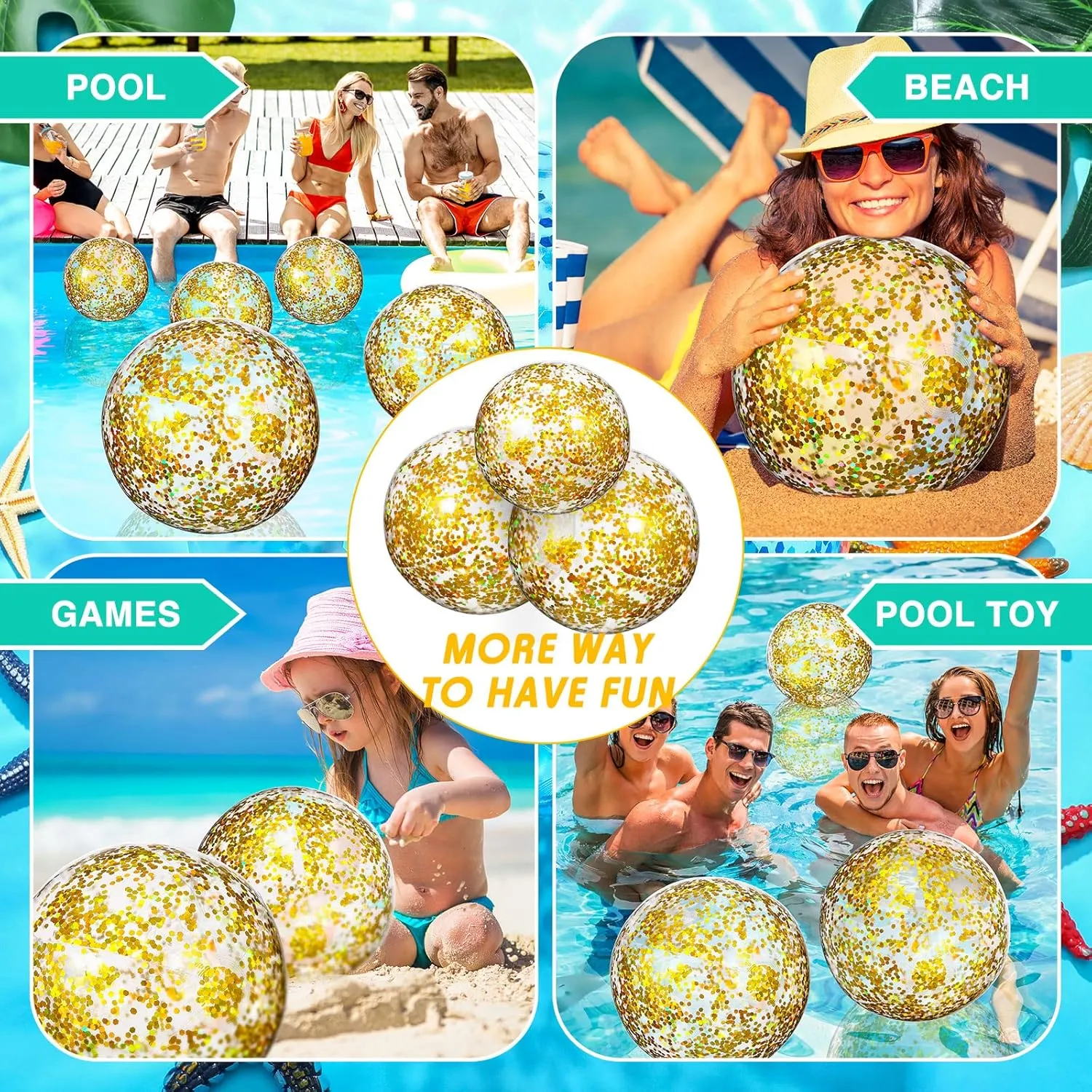 Lewtemi 12 Pcs 24 Inch 16 Inch Inflatable Glitter Beach Balls Clear Confetti Swimming Jumbo Pool Balls for Outdoor Pool Party Decorations Summer Favors(Gold)