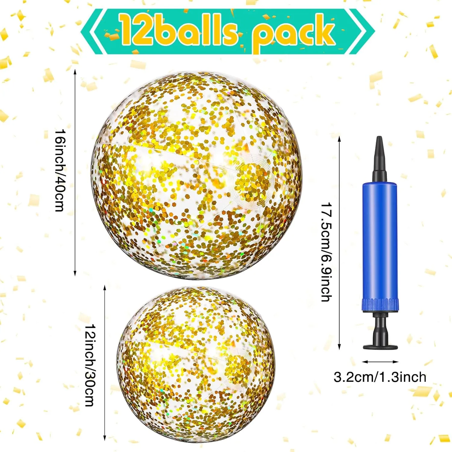 Lewtemi 12 Pcs 24 Inch 16 Inch Inflatable Glitter Beach Balls Clear Confetti Swimming Jumbo Pool Balls for Outdoor Pool Party Decorations Summer Favors(Gold)