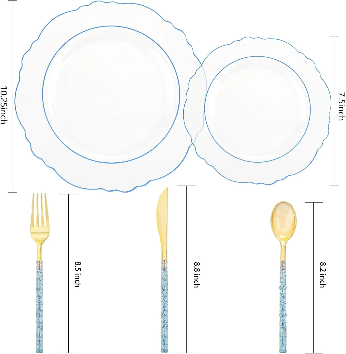 Liacere 150PCS Clear and Blue Plastic Plates - Clear and Blue Disposable Plates with Glitter Bamboo Handle Cutlery - 60 Baroque Elegant Plates, 30 Forks, 30 Spoons, 30 Knives for Wedding &Summer