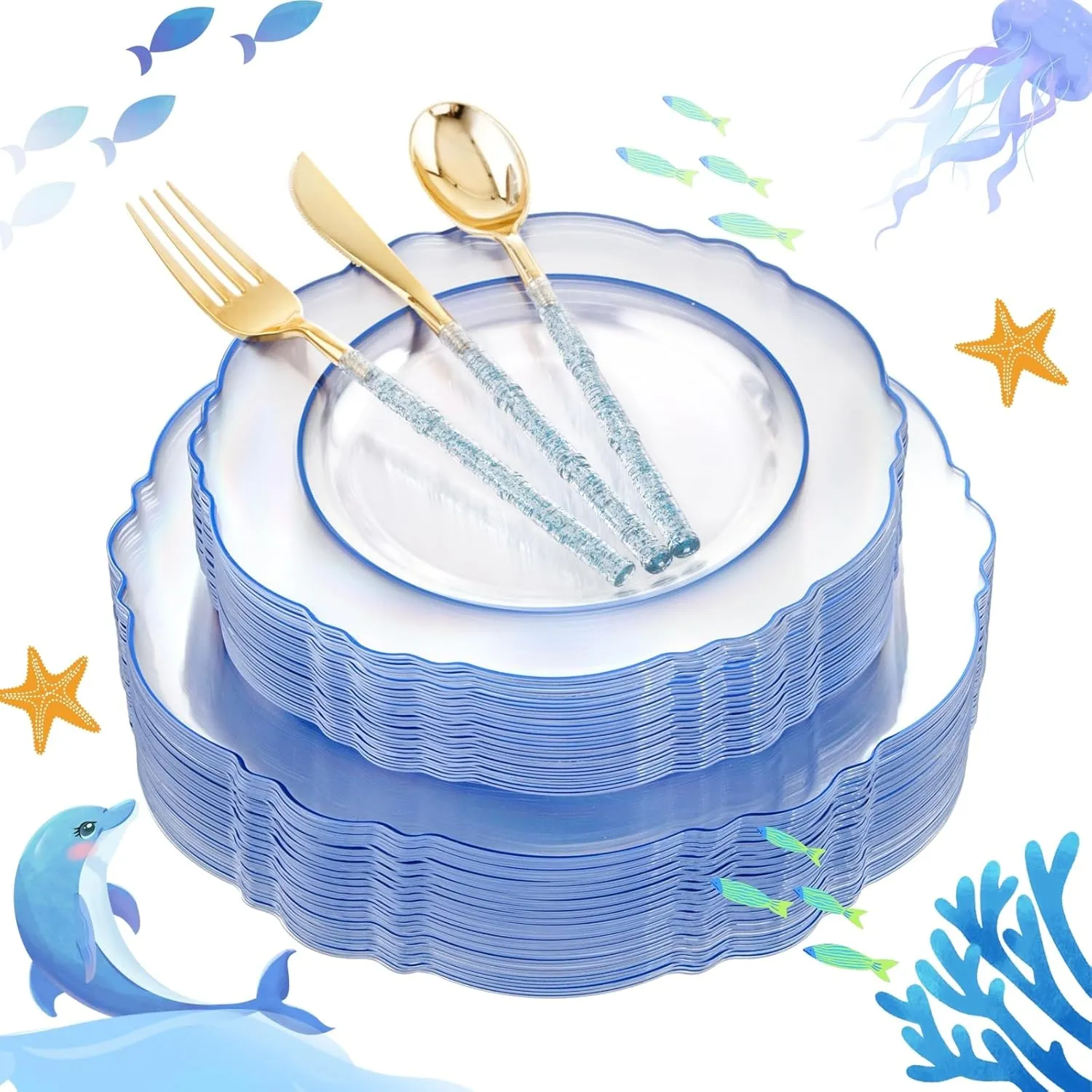 Liacere 150PCS Clear and Blue Plastic Plates - Clear and Blue Disposable Plates with Glitter Bamboo Handle Cutlery - 60 Baroque Elegant Plates, 30 Forks, 30 Spoons, 30 Knives for Wedding &Summer