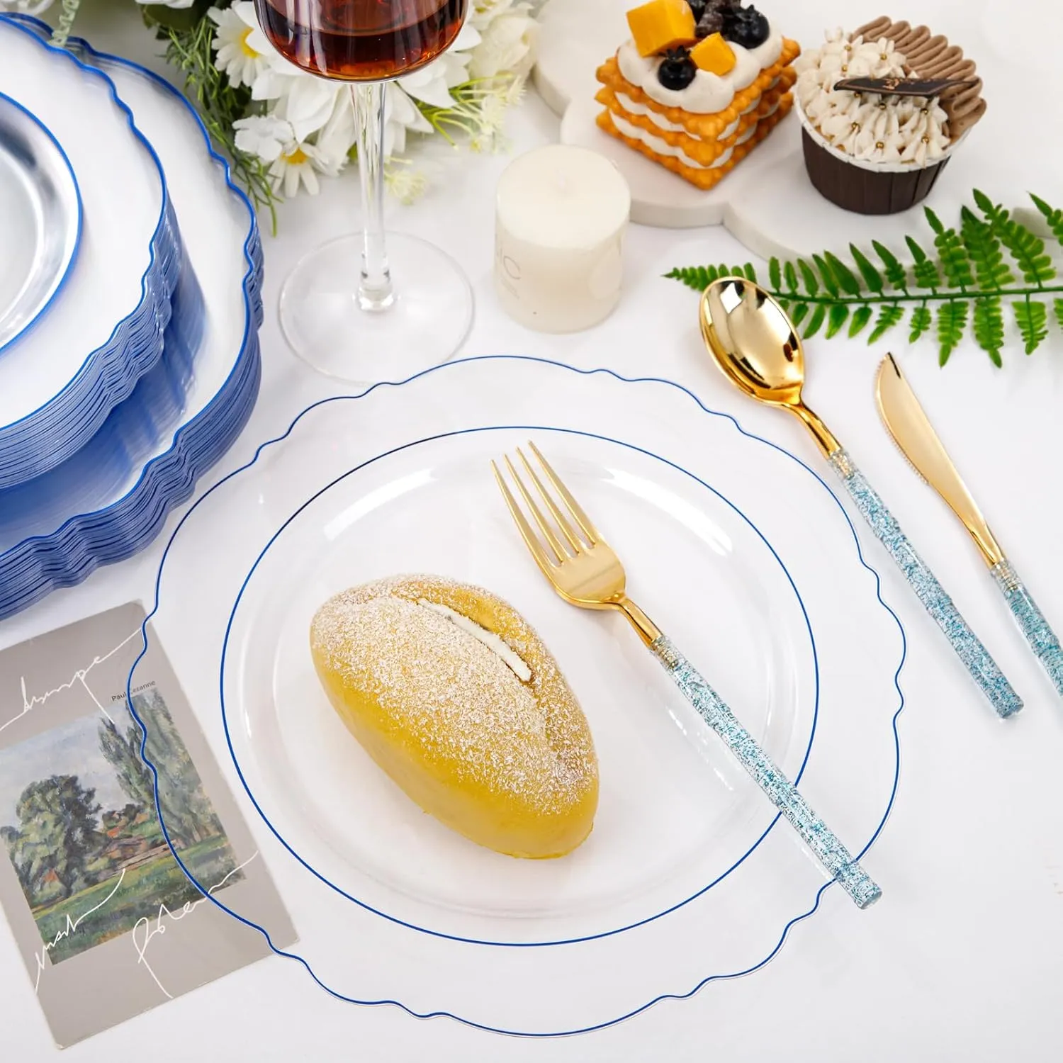 Liacere 150PCS Clear and Blue Plastic Plates - Clear and Blue Disposable Plates with Glitter Bamboo Handle Cutlery - 60 Baroque Elegant Plates, 30 Forks, 30 Spoons, 30 Knives for Wedding &Summer