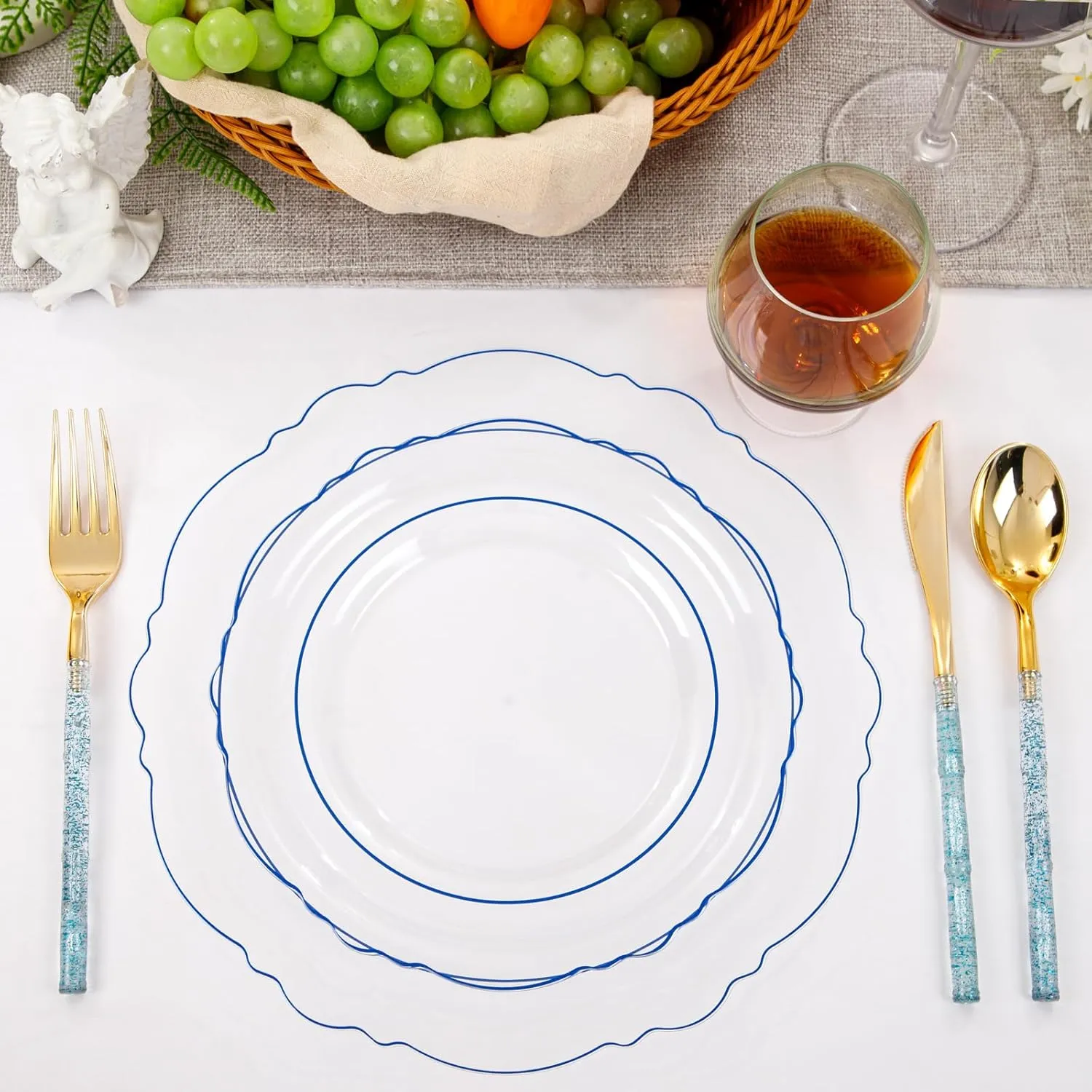 Liacere 150PCS Clear and Blue Plastic Plates - Clear and Blue Disposable Plates with Glitter Bamboo Handle Cutlery - 60 Baroque Elegant Plates, 30 Forks, 30 Spoons, 30 Knives for Wedding &Summer