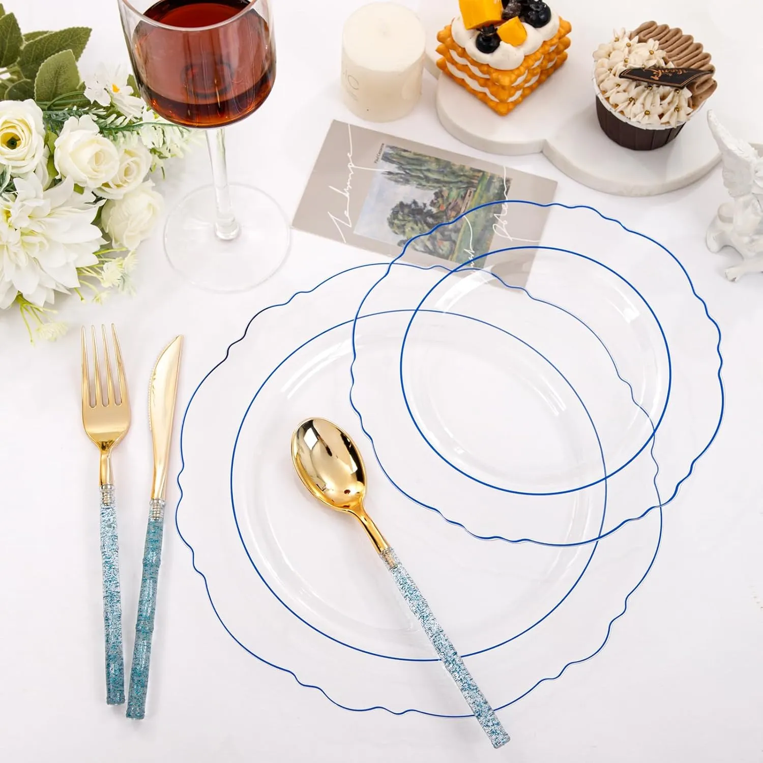 Liacere 150PCS Clear and Blue Plastic Plates - Clear and Blue Disposable Plates with Glitter Bamboo Handle Cutlery - 60 Baroque Elegant Plates, 30 Forks, 30 Spoons, 30 Knives for Wedding &Summer