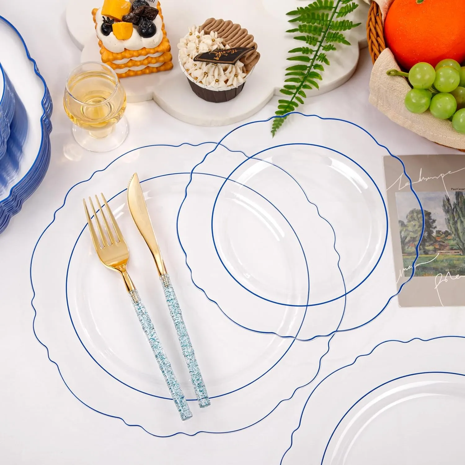 Liacere 150PCS Clear and Blue Plastic Plates - Clear and Blue Disposable Plates with Glitter Bamboo Handle Cutlery - 60 Baroque Elegant Plates, 30 Forks, 30 Spoons, 30 Knives for Wedding &Summer