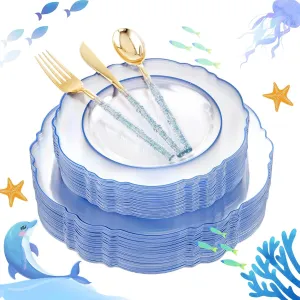 Liacere 150PCS Clear and Blue Plastic Plates - Clear and Blue Disposable Plates with Glitter Bamboo Handle Cutlery - 60 Baroque Elegant Plates, 30 Forks, 30 Spoons, 30 Knives for Wedding &Summer