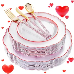 Liacere 150PCS Clear and Red Plastic Plates-Clear Red Disposable Plates with Glitter Bamboo Handle Cutlery-60 Baroque Elegant Plates,30 Forks,30 Spoons,30 Knives for Wedding&Mother's Day