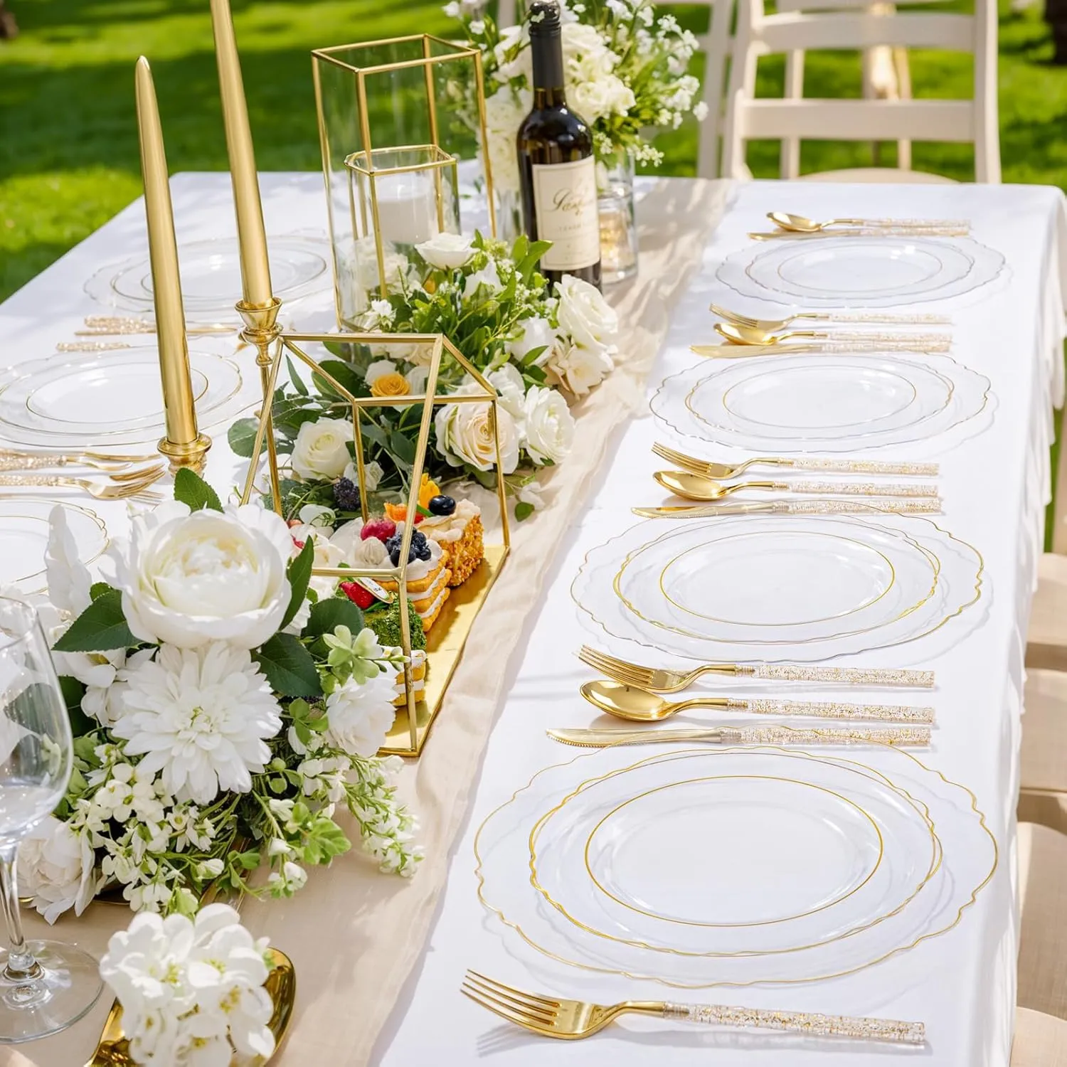 Liacere 150PCS Clear Gold Plastic Plates - Disposable Plastic Silverware with Glitter Bamboo Handle Cutlery-Baroque Clear Gold Disposable Plates for Wedding & Party & Easter Day & Mother's Day