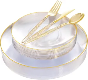 Liacere 150PCS Clear Gold Plastic Plates - Gold Plastic Silverware with Glitter Handle - Clear Gold Disposable Plates Include 30 Guests Plates, Forks, Spoons, Knives for Wedding & Party