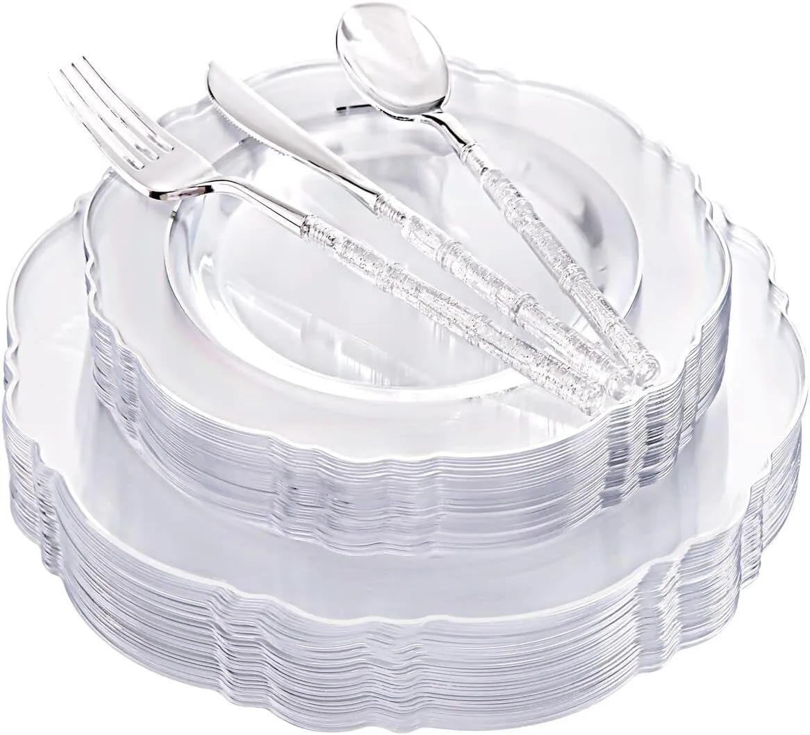 Liacere 150PCS Clear Silver Plastic Plates & Disposable Silver Plastic Silverware with Glitter Bamboo Handle Cutlery-Baroque Clear Disposable Plates for Wedding & Easter day & Mother's Day