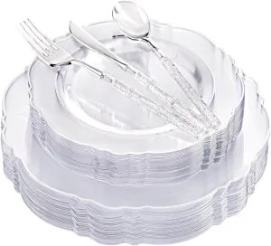 Liacere 150PCS Clear Silver Plastic Plates & Disposable Silver Plastic Silverware with Glitter Bamboo Handle Cutlery-Baroque Clear Disposable Plates for Wedding & Easter day & Mother's Day