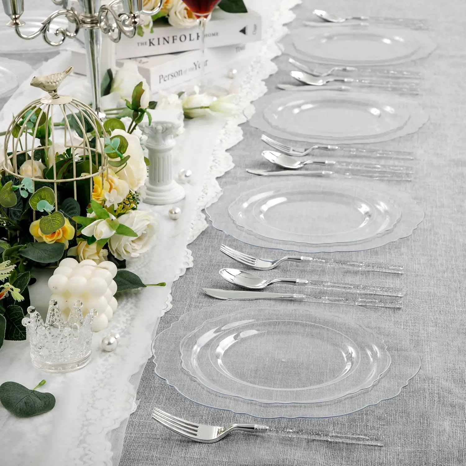 Liacere 150PCS Clear Silver Plastic Plates & Disposable Silver Plastic Silverware with Glitter Bamboo Handle Cutlery-Baroque Clear Disposable Plates for Wedding & Easter day & Mother's Day