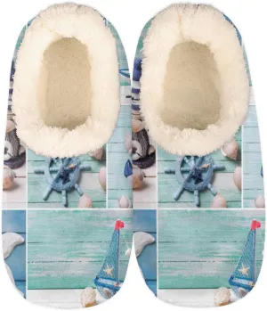 Lighthouse Starfish Shell Women Closed Back House Slippers, Nautical Theme Womens Mens Winter Indoor Slippers, Soft Cozy Warm Fuzzy Memory Foam Anti-Slip Slippers