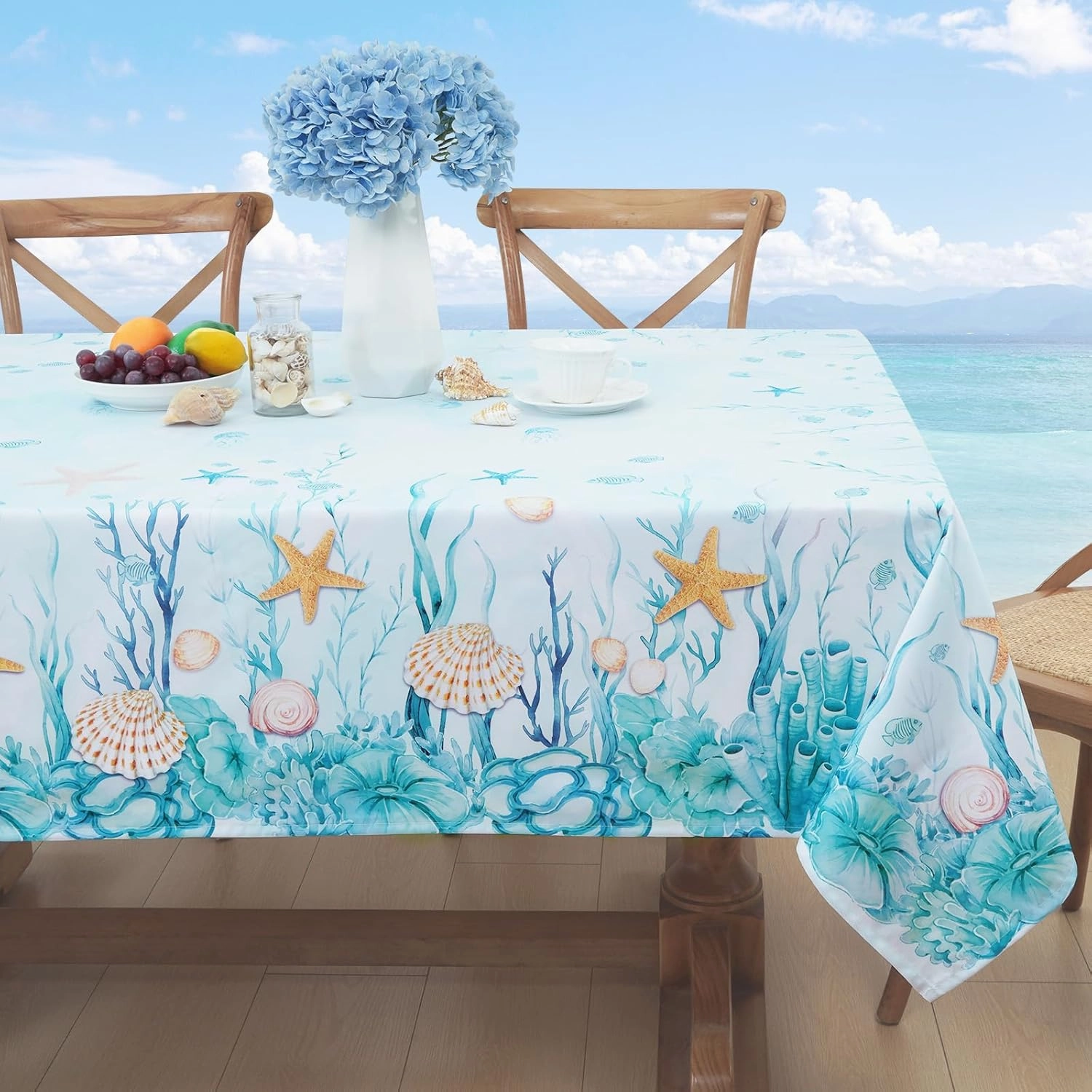 Likiyol Coastal Tablecloth, Ocean Nautical Table Cloth, Coral Starfish Seashell Table Covers, Beach Themed Waterproof Table Cover for Dining Table Kitchen Party Picnic Camping, Rectangle 60"x104"