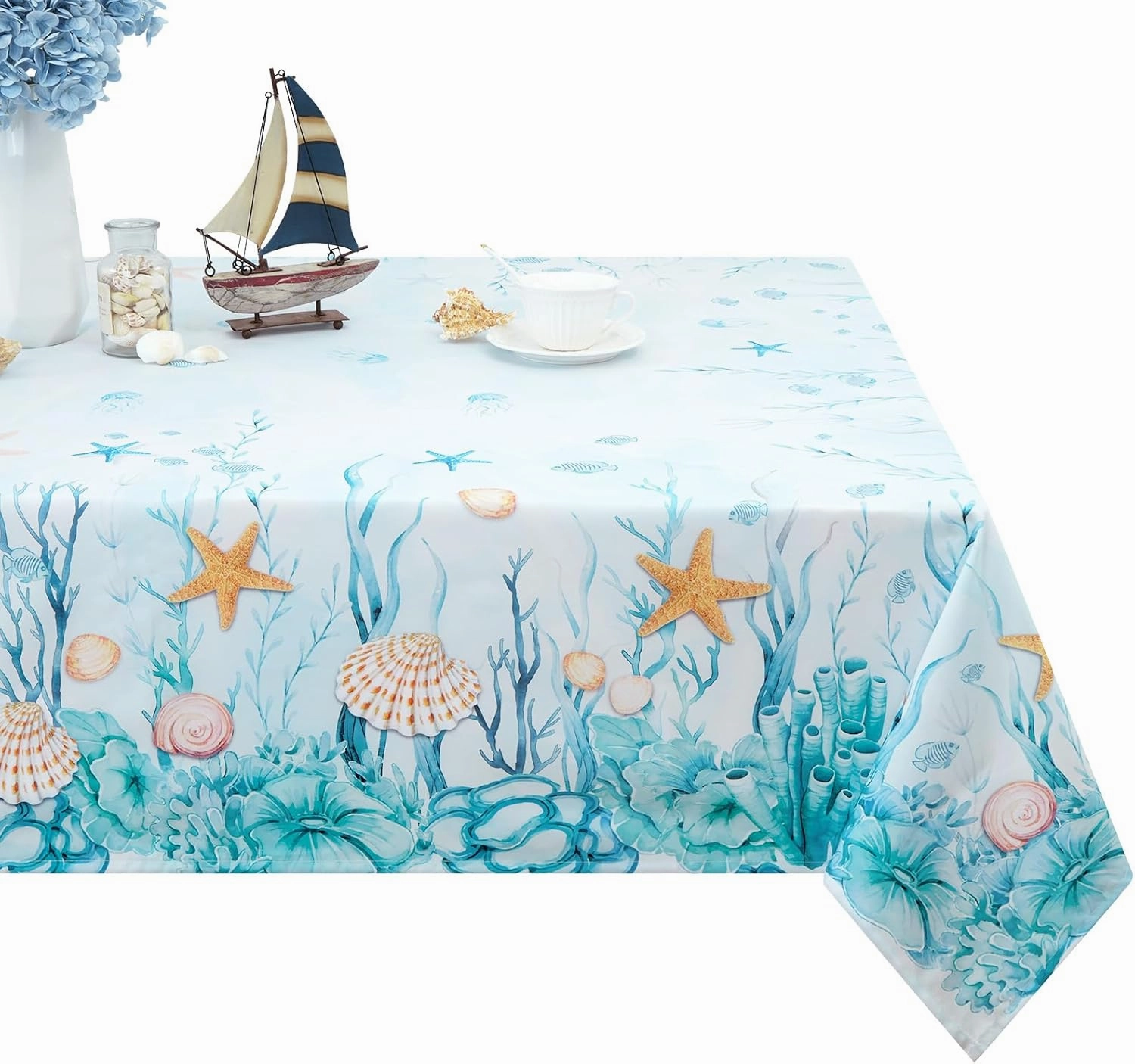Likiyol Coastal Tablecloth, Ocean Nautical Table Cloth, Coral Starfish Seashell Table Covers, Beach Themed Waterproof Table Cover for Dining Table Kitchen Party Picnic Camping, Rectangle 60"x104"
