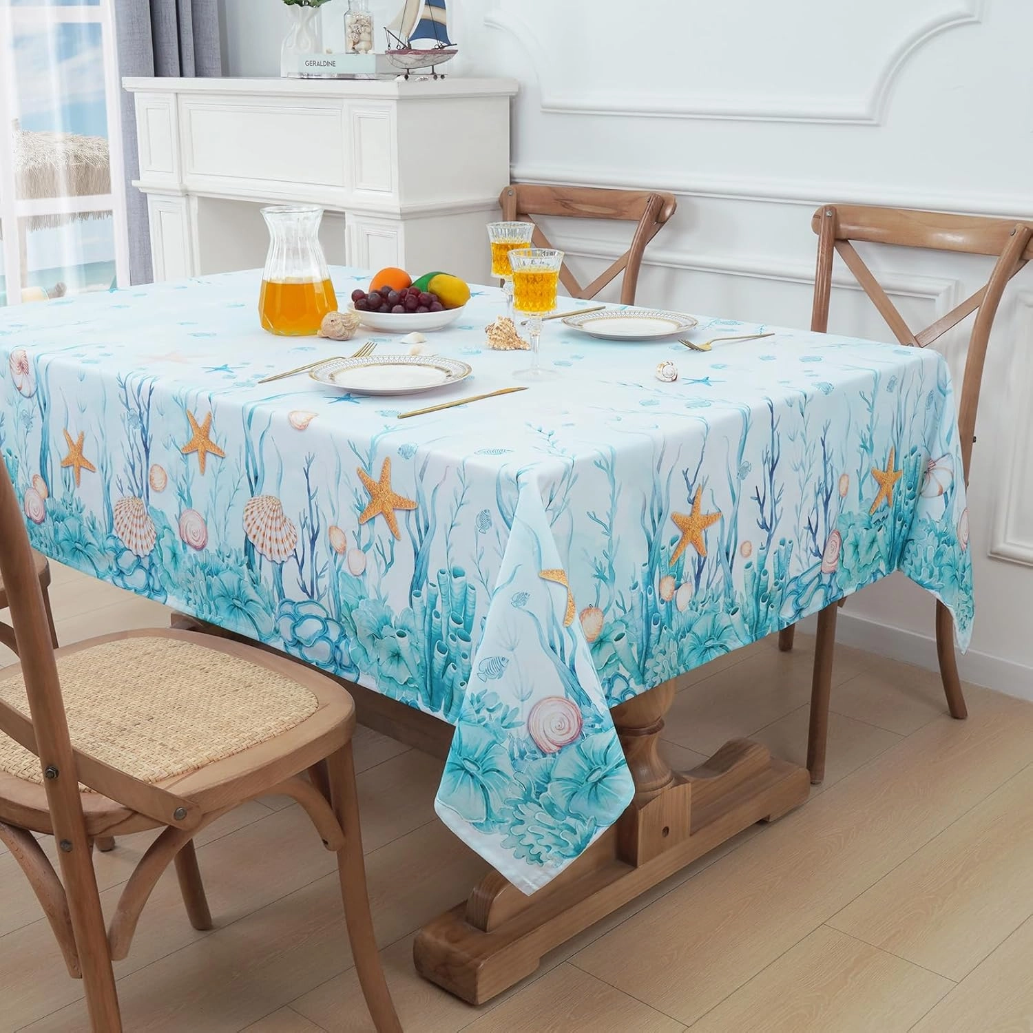 Likiyol Coastal Tablecloth, Ocean Nautical Table Cloth, Coral Starfish Seashell Table Covers, Beach Themed Waterproof Table Cover for Dining Table Kitchen Party Picnic Camping, Rectangle 60"x104"