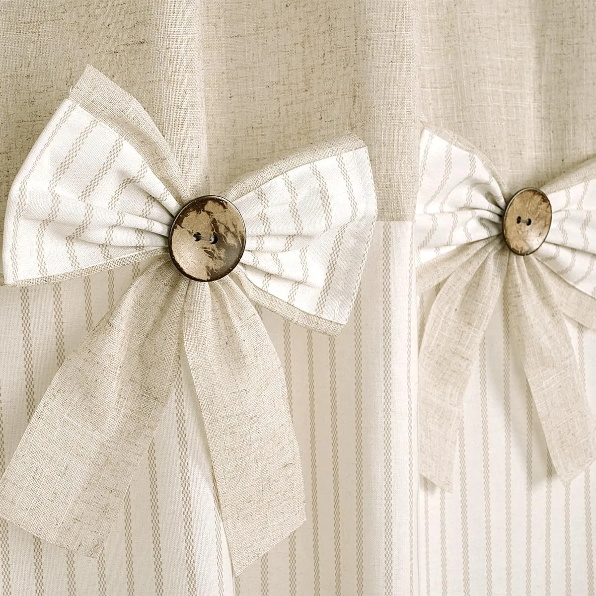 Linen Button Farmhouse Beige Shower Curtain,Bowknot,Linen and Cotton Woven Fabric,Pleated Beige Stripe,Country Style,72x72 in