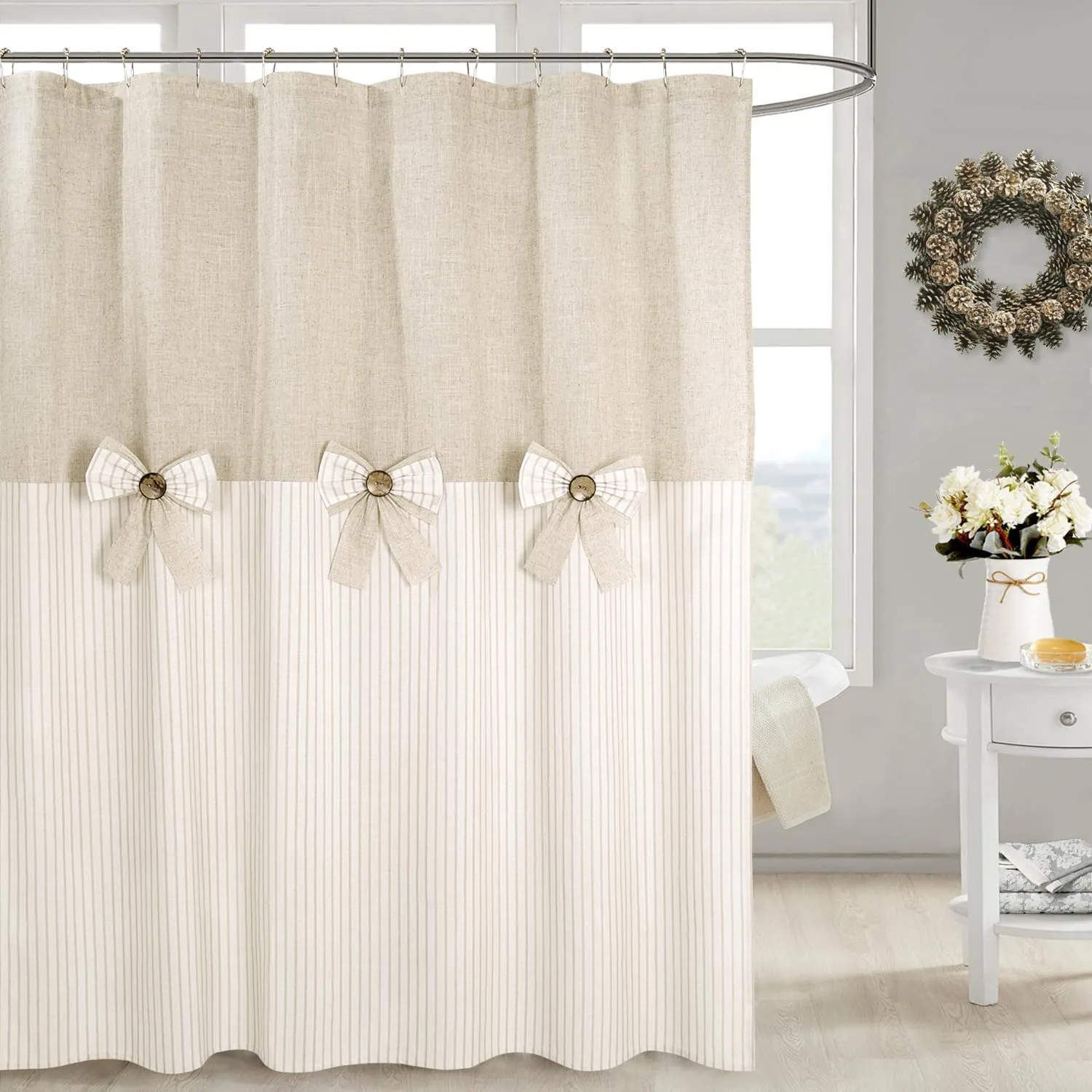 Linen Button Farmhouse Beige Shower Curtain,Bowknot,Linen and Cotton Woven Fabric,Pleated Beige Stripe,Country Style,72x72 in