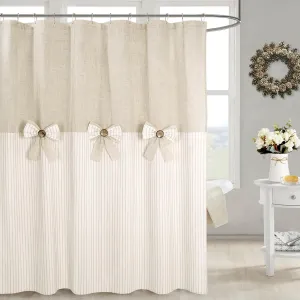 Linen Button Farmhouse Beige Shower Curtain,Bowknot,Linen and Cotton Woven Fabric,Pleated Beige Stripe,Country Style,72x72 in