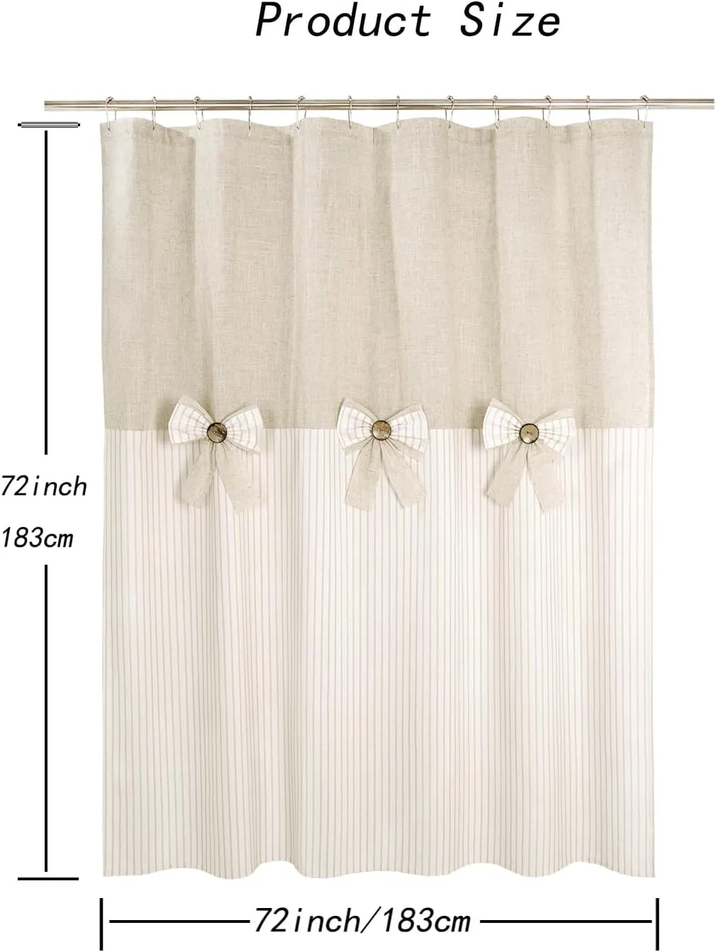 Linen Button Farmhouse Beige Shower Curtain,Bowknot,Linen and Cotton Woven Fabric,Pleated Beige Stripe,Country Style,72x72 in