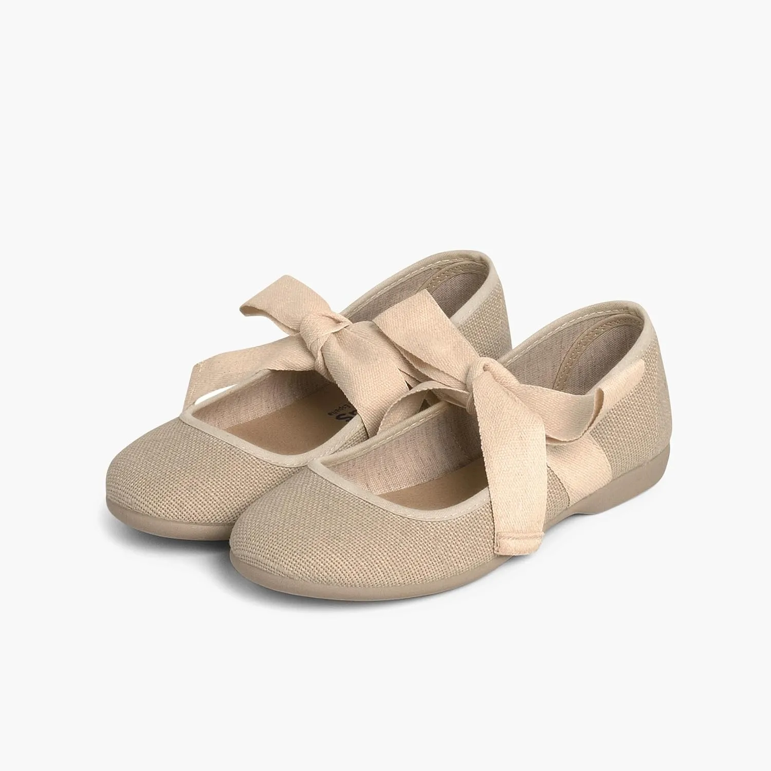 Linen Mary Janes with Beige Bow