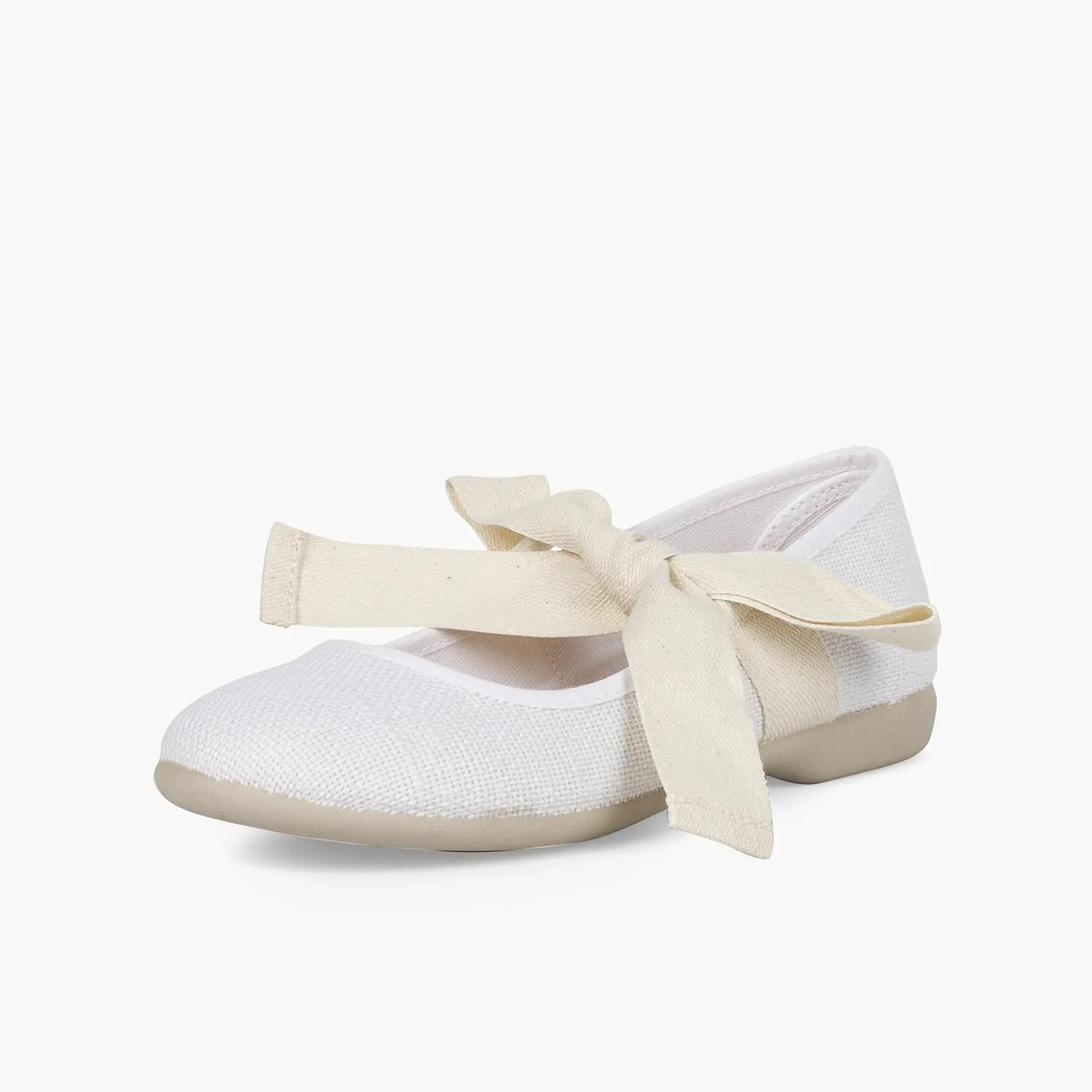 Linen Mary Janes with Beige Bow