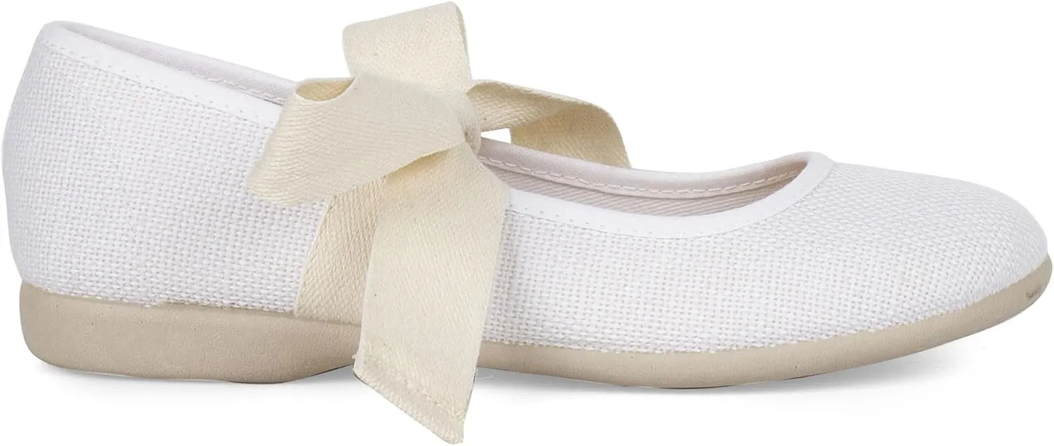Linen Mary Janes with Beige Bow