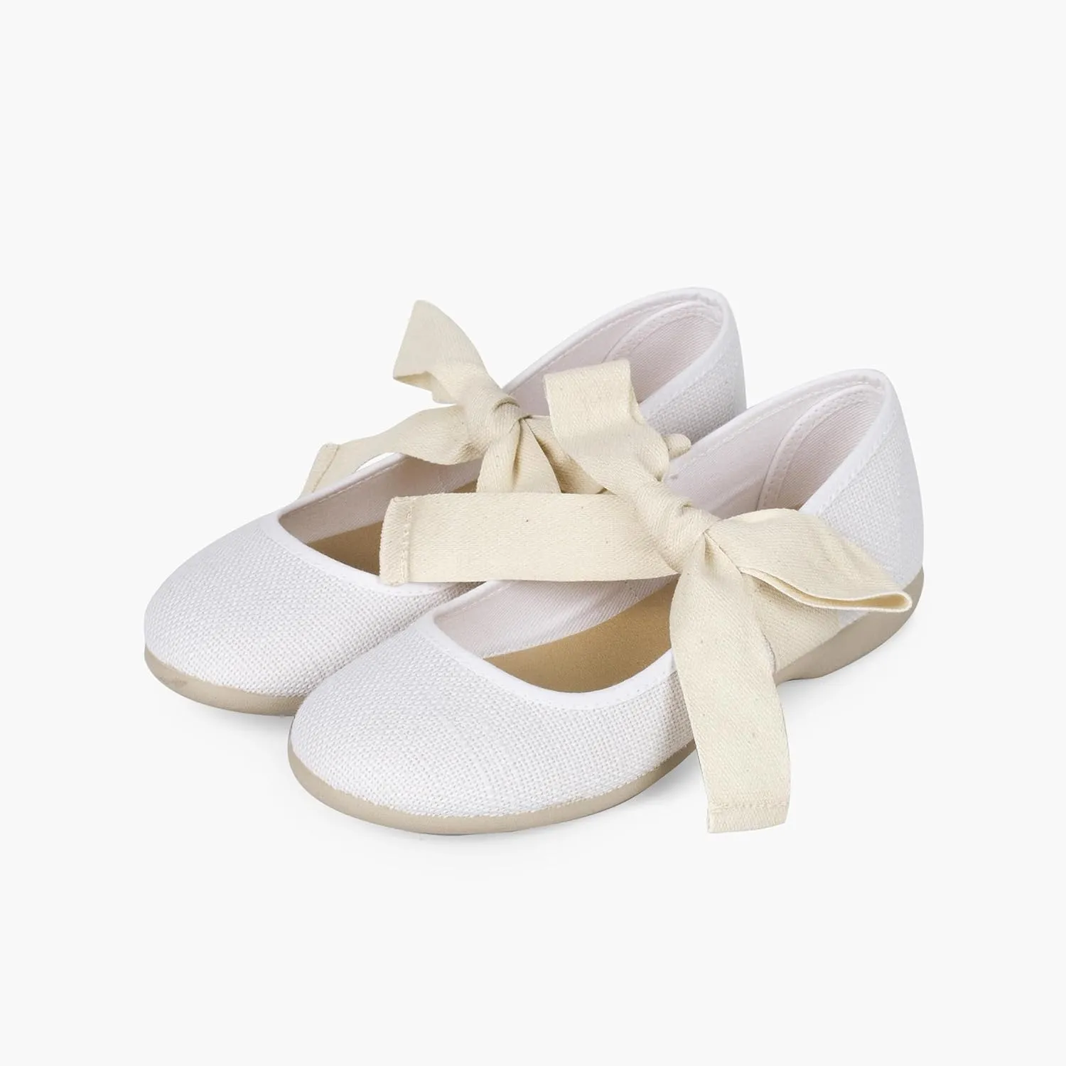 Linen Mary Janes with Beige Bow