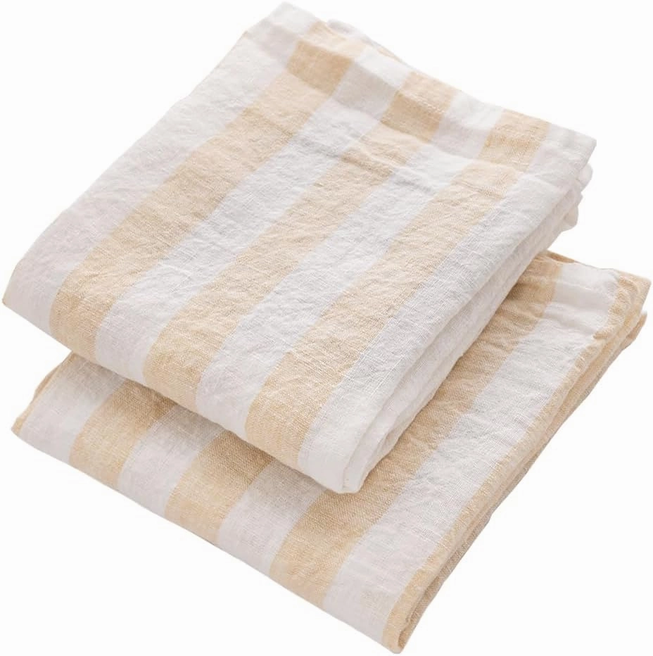 Linen Kitchen Towels, 100% Pure Linen, Set of 2 | French Kitchen Towels | French Tea Towel | Highly Absorbent | Beige and White Striped Tea Towel, 18x28 - Beige