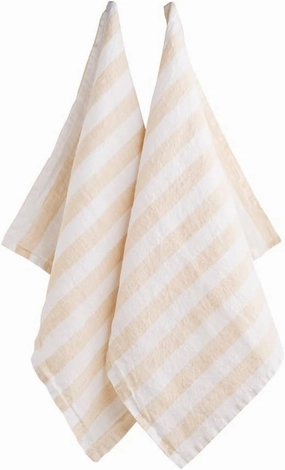 Linen Kitchen Towels, 100% Pure Linen, Set of 2 | French Kitchen Towels | French Tea Towel | Highly Absorbent | Beige and White Striped Tea Towel, 18x28 - Beige