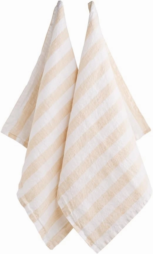 Linen Kitchen Towels, 100% Pure Linen, Set of 2 | French Kitchen Towels | French Tea Towel | Highly Absorbent | Beige and White Striped Tea Towel, 18x28 - Beige