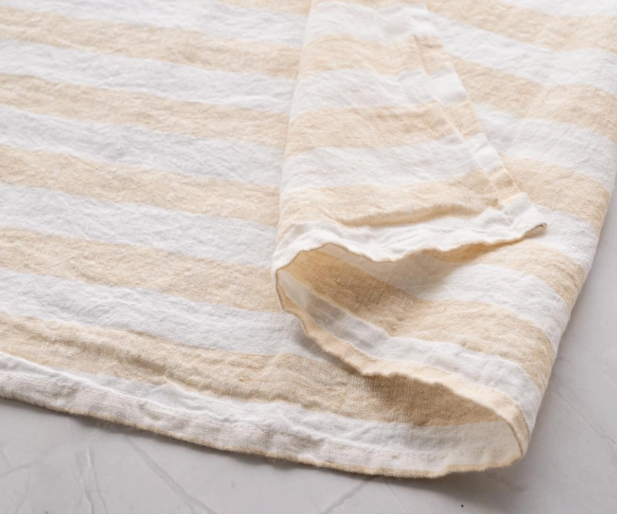 Linen Kitchen Towels, 100% Pure Linen, Set of 2 | French Kitchen Towels | French Tea Towel | Highly Absorbent | Beige and White Striped Tea Towel, 18x28 - Beige