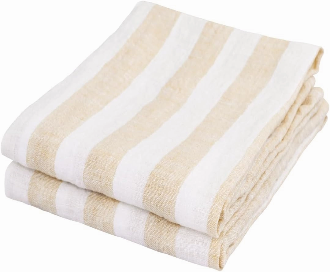 Linen Kitchen Towels, 100% Pure Linen, Set of 2 | French Kitchen Towels | French Tea Towel | Highly Absorbent | Beige and White Striped Tea Towel, 18x28 - Beige