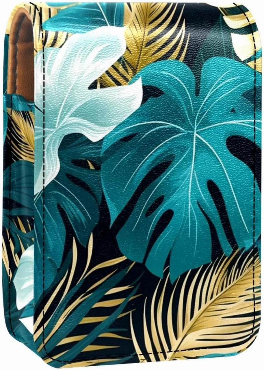 Lipstick Case,Portable Makeup Bag Cosmetic Pouch,Lipstick Holder Makeup Organizer,Tropical Leaves Graphic Gold