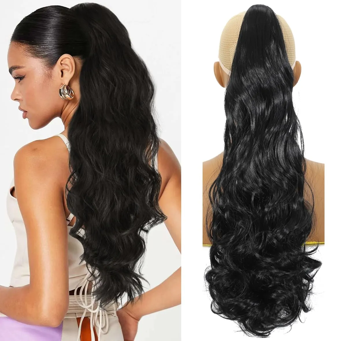 Long Curly PonyTail Hair Extensions 22Inch Black Claw Wavy Ponytail Extension for Women Fluffy Synthetic Clip in Hairpiece for Daily Use(22Inch,Black)